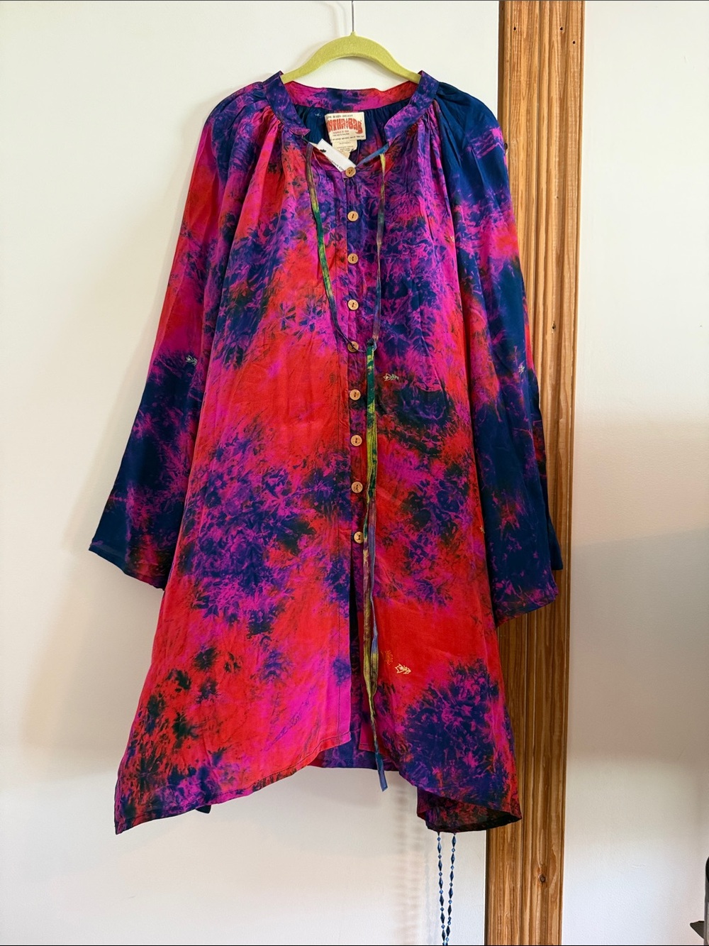 Tie-Dye Button-Front Long Sleeve Tunic in Pink & Blue